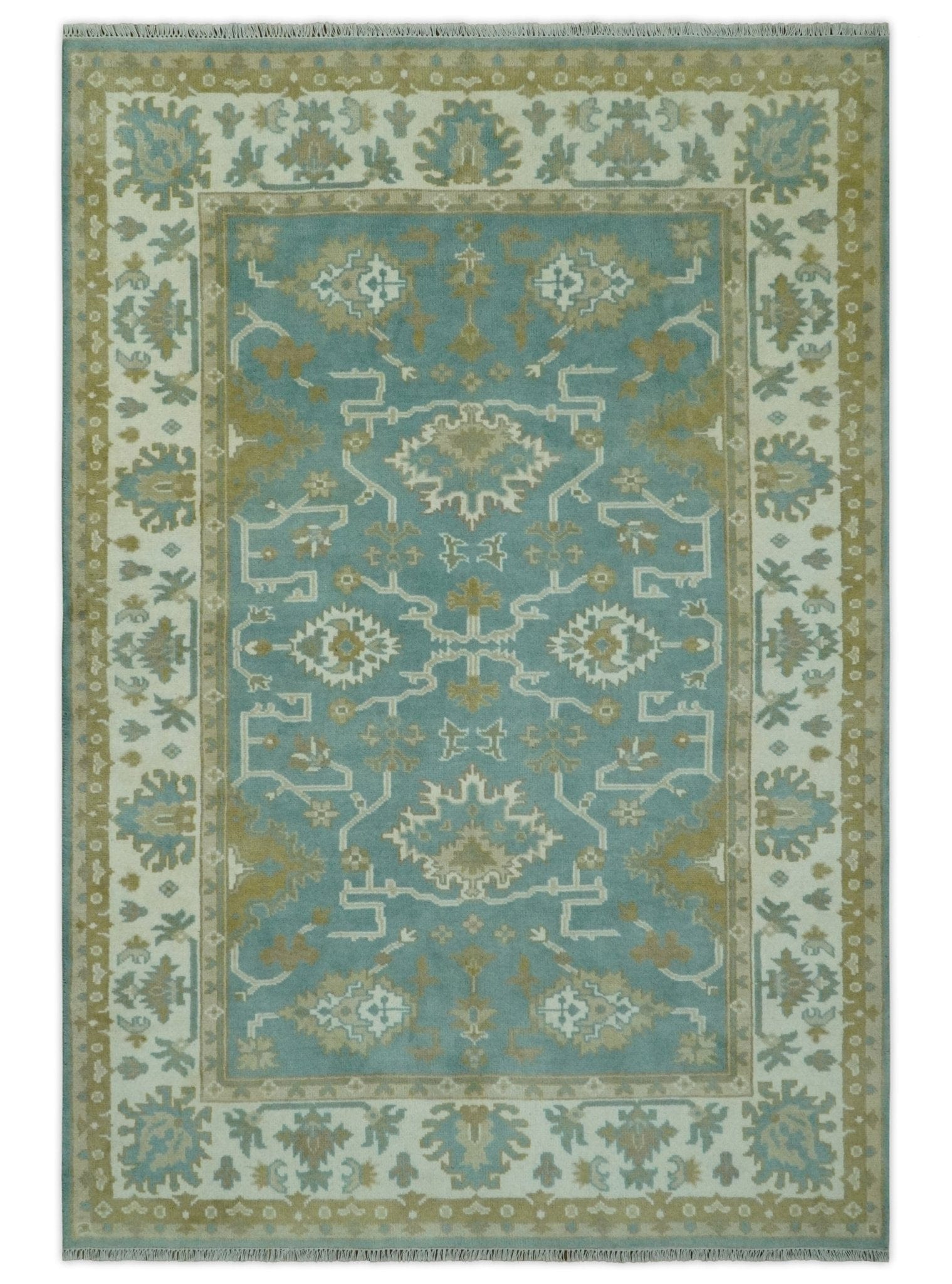 The Rug Decor Area Rug 6x9 Custom Made Teal, Ivory and Olive Hand Knotted Traditional Oriental Oushak wool rug Custom Made Teal, Ivory and Olive Hand Knotted Traditional Oriental Oushak wool rug