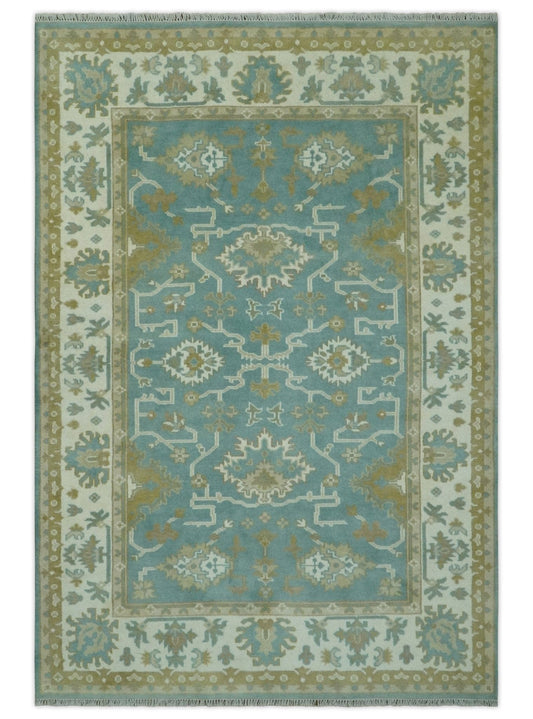 The Rug Decor Area Rug 6x9 Custom Made Teal, Ivory and Olive Hand Knotted Traditional Oriental Oushak wool rug Custom Made Teal, Ivory and Olive Hand Knotted Traditional Oriental Oushak wool rug