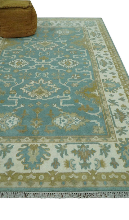 The Rug Decor Area Rug Custom Made Teal, Ivory and Olive Hand Knotted Traditional Oriental Oushak wool rug Custom Made Teal, Ivory and Olive Hand Knotted Traditional Oriental Oushak wool rug