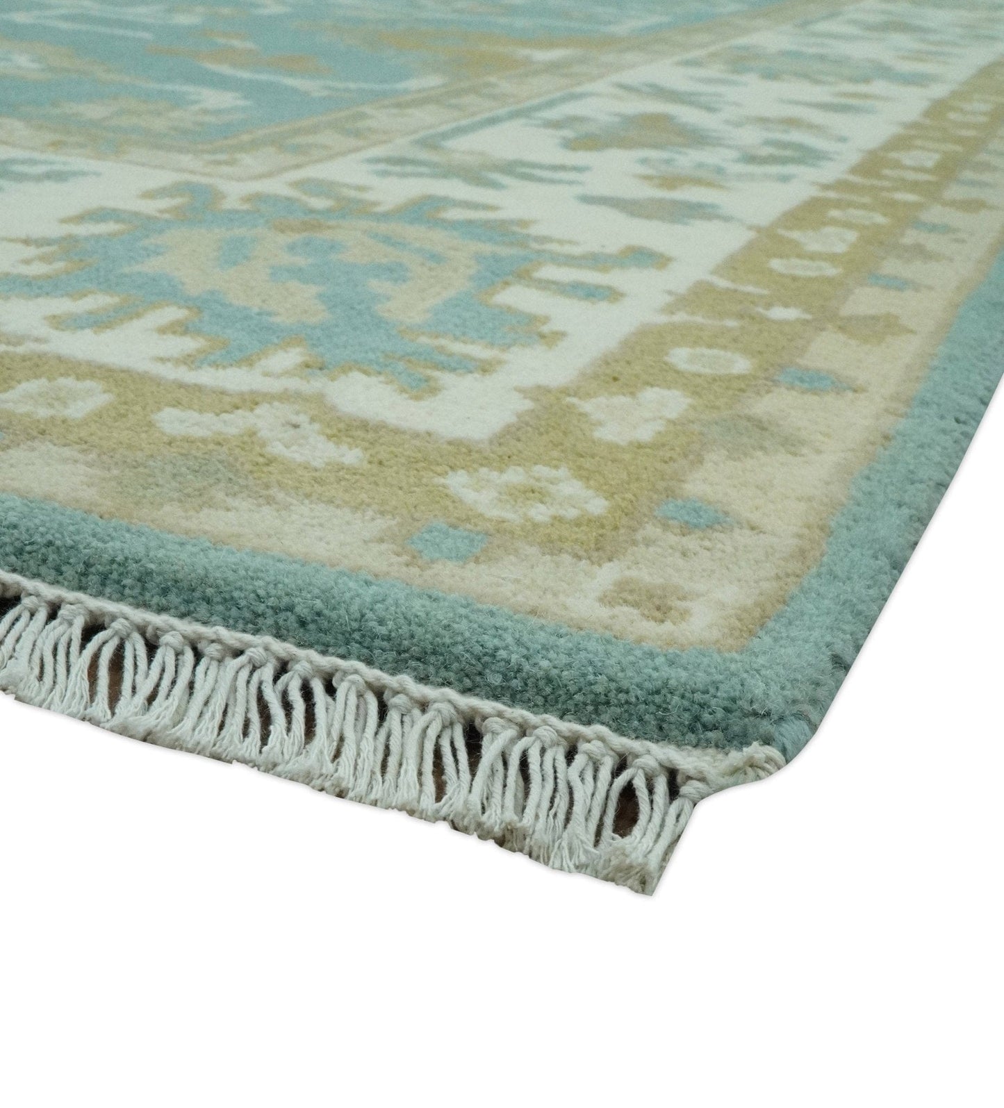 The Rug Decor Area Rug Custom Made Teal, Ivory and Olive Hand Knotted Traditional Oriental Oushak wool rug Custom Made Teal, Ivory and Olive Hand Knotted Traditional Oriental Oushak wool rug