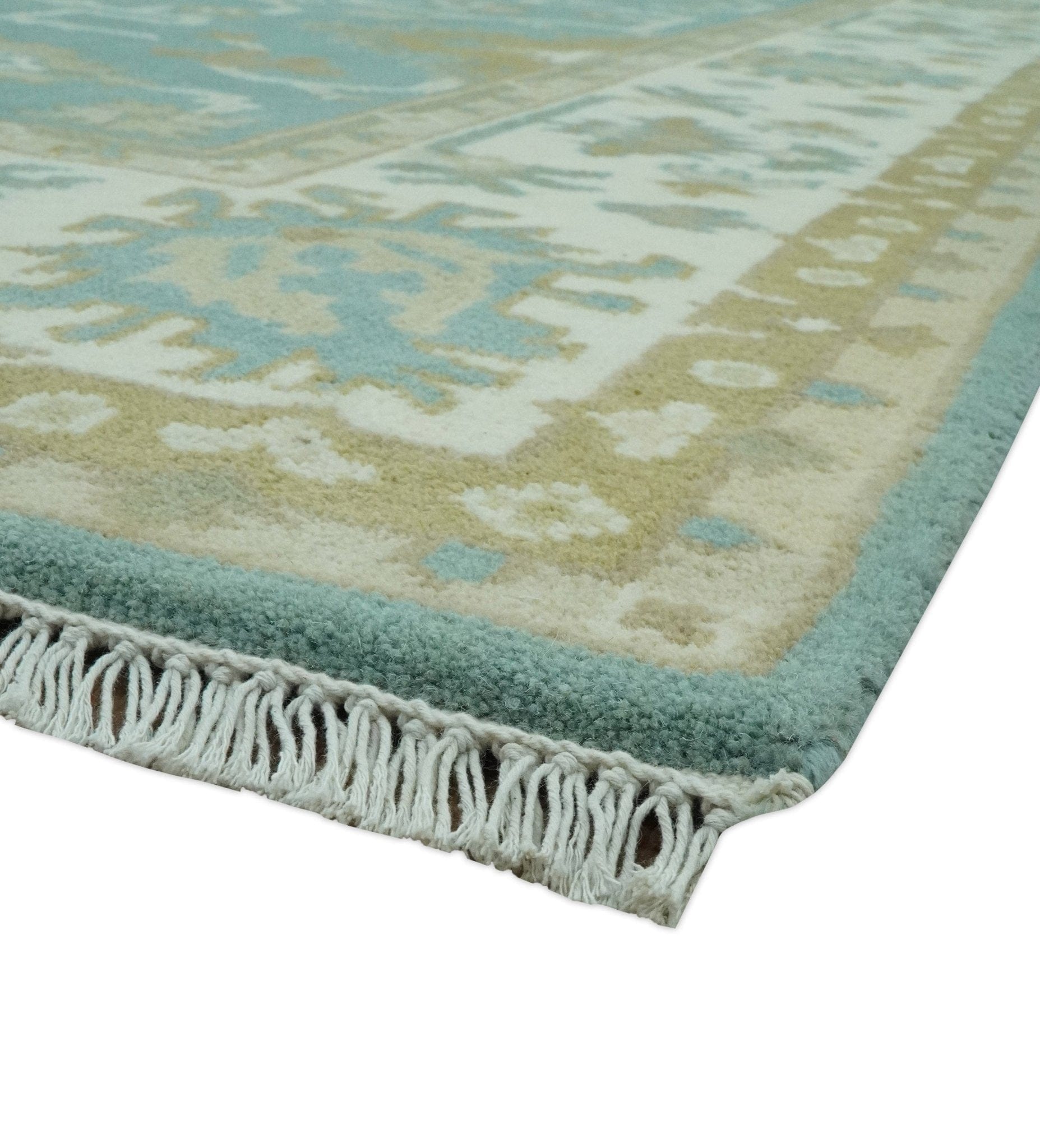 The Rug Decor Area Rug Custom Made Teal, Ivory and Olive Hand Knotted Traditional Oriental Oushak wool rug Custom Made Teal, Ivory and Olive Hand Knotted Traditional Oriental Oushak wool rug