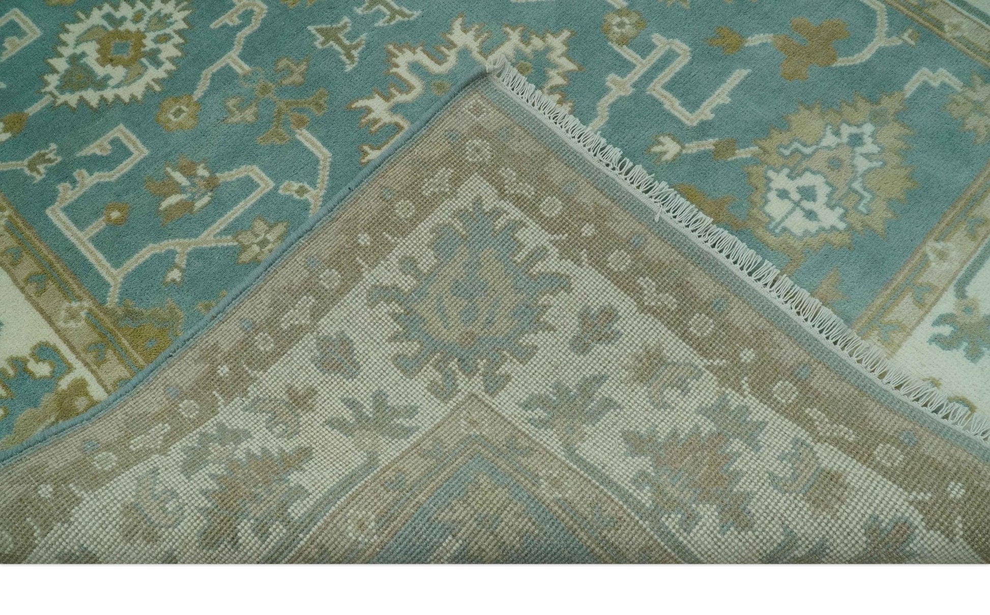 The Rug Decor Area Rug Custom Made Teal, Ivory and Olive Hand Knotted Traditional Oriental Oushak wool rug Custom Made Teal, Ivory and Olive Hand Knotted Traditional Oriental Oushak wool rug