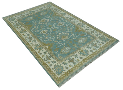The Rug Decor Area Rug Custom Made Teal, Ivory and Olive Hand Knotted Traditional Oriental Oushak wool rug Custom Made Teal, Ivory and Olive Hand Knotted Traditional Oriental Oushak wool rug