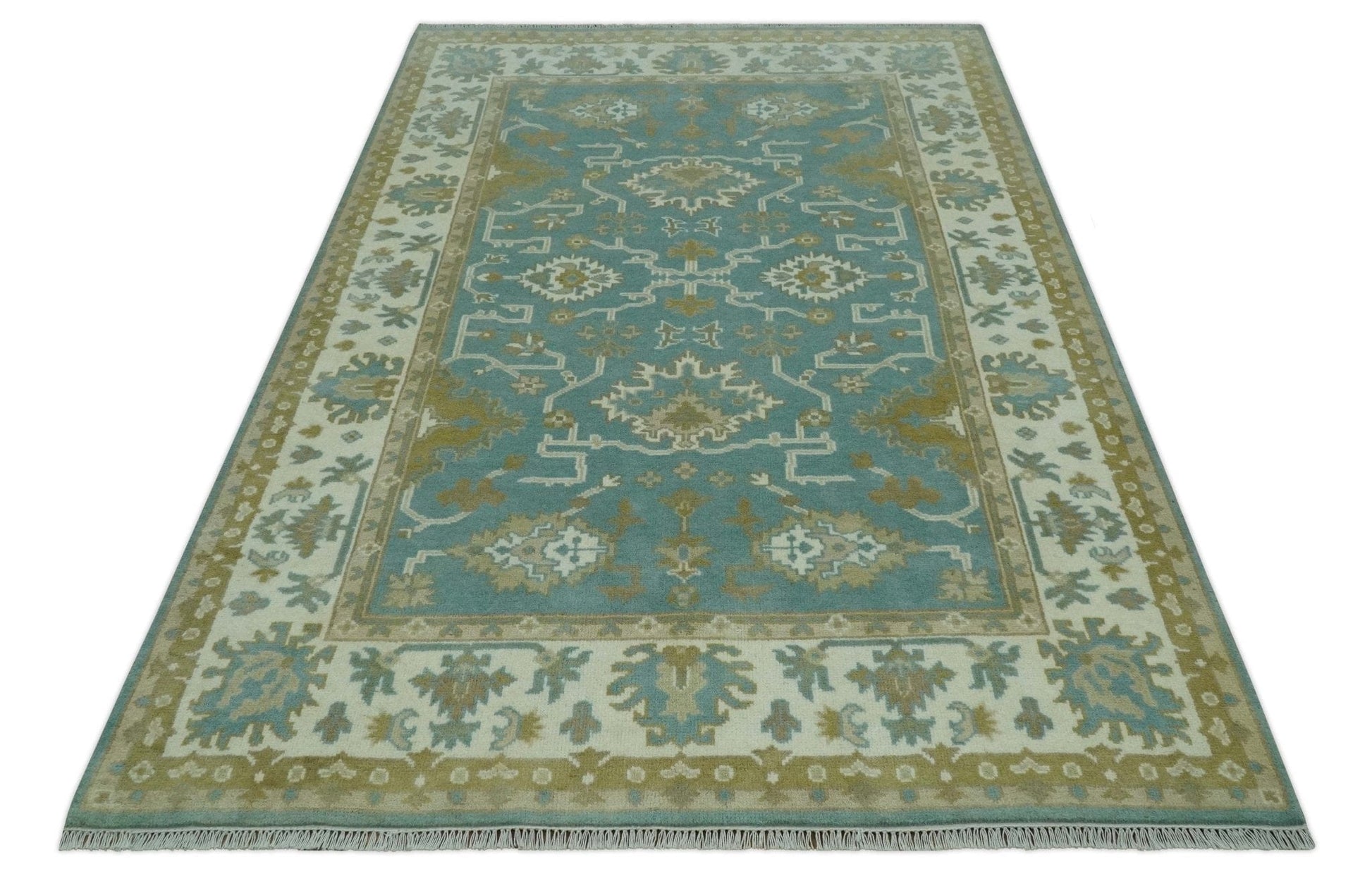 The Rug Decor Area Rug Custom Made Teal, Ivory and Olive Hand Knotted Traditional Oriental Oushak wool rug Custom Made Teal, Ivory and Olive Hand Knotted Traditional Oriental Oushak wool rug
