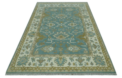 The Rug Decor Area Rug Custom Made Teal, Ivory and Olive Hand Knotted Traditional Oriental Oushak wool rug Custom Made Teal, Ivory and Olive Hand Knotted Traditional Oriental Oushak wool rug