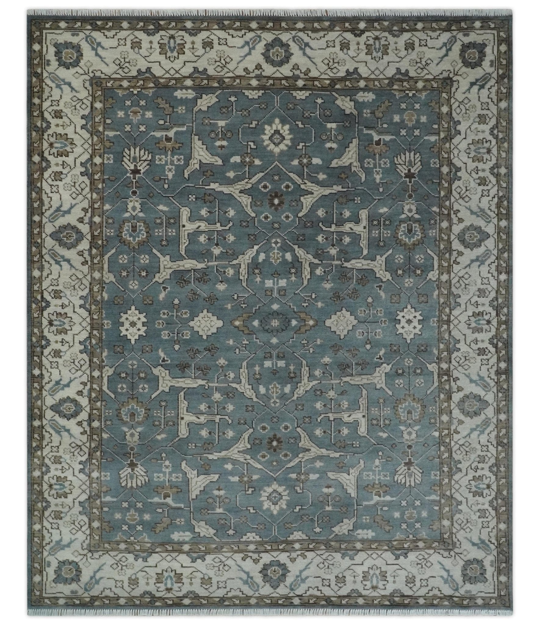 The Rug Decor Area Rug 8x10 Custom Made Traditional Hand Knotted Blue, Ivory and Brown Oriental Oushak wool Area Rug Custom Made Traditional Hand Knotted Blue, Ivory and Brown Oriental Oushak wool Area Rug