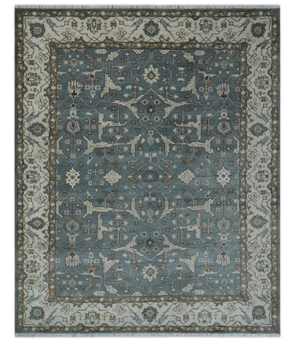 The Rug Decor Area Rug 8x10 Custom Made Traditional Hand Knotted Blue, Ivory and Brown Oriental Oushak wool Area Rug Custom Made Traditional Hand Knotted Blue, Ivory and Brown Oriental Oushak wool Area Rug