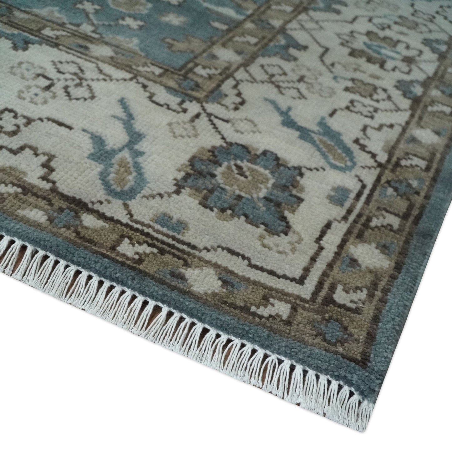 The Rug Decor Area Rug Custom Made Traditional Hand Knotted Blue, Ivory and Brown Oriental Oushak wool Area Rug Custom Made Traditional Hand Knotted Blue, Ivory and Brown Oriental Oushak wool Area Rug