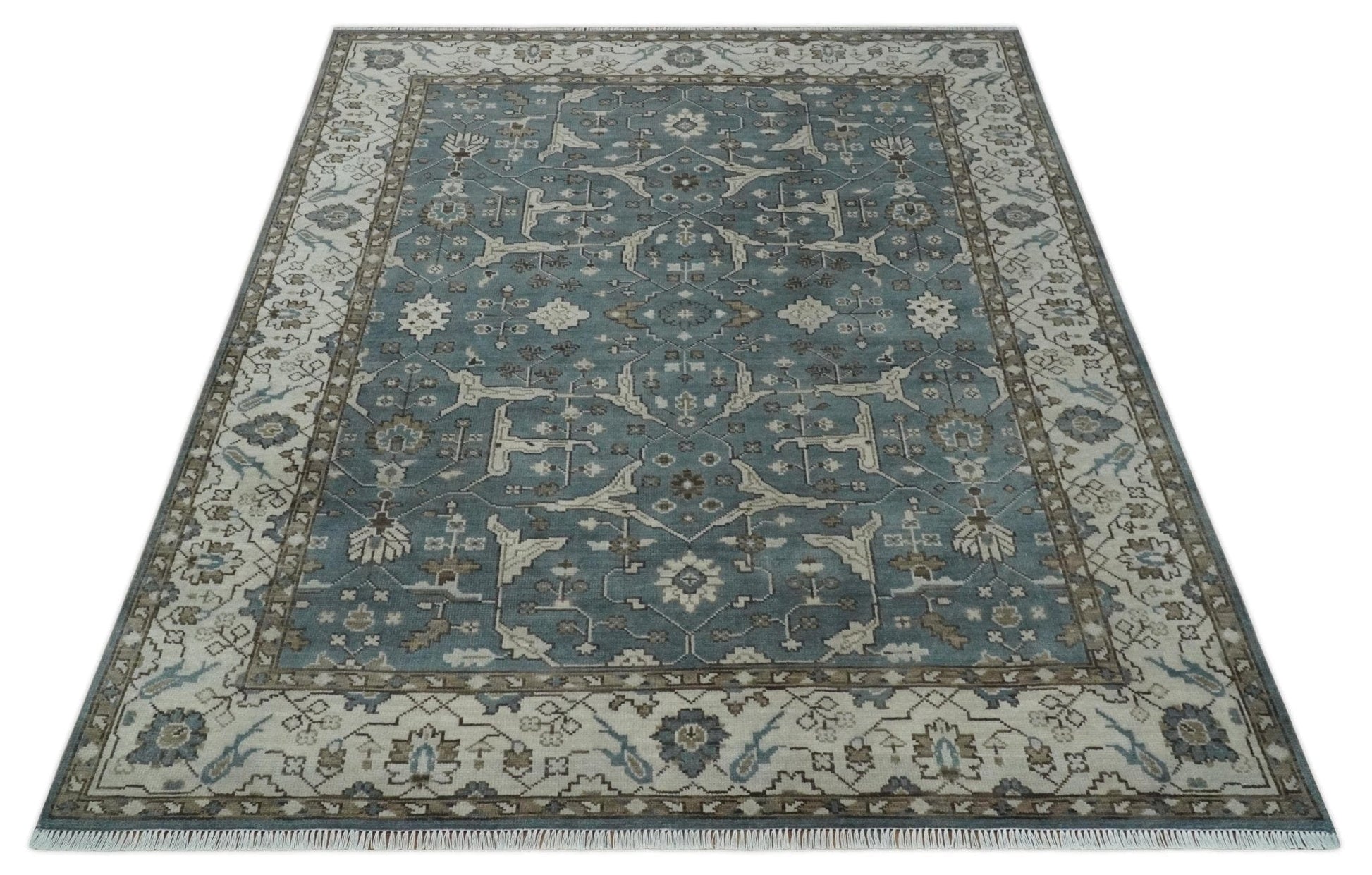 The Rug Decor Area Rug Custom Made Traditional Hand Knotted Blue, Ivory and Brown Oriental Oushak wool Area Rug Custom Made Traditional Hand Knotted Blue, Ivory and Brown Oriental Oushak wool Area Rug