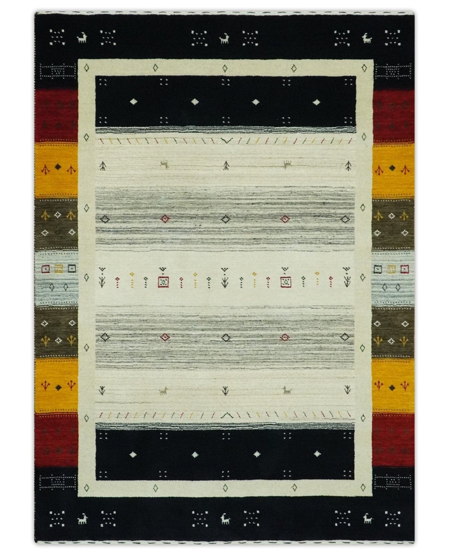 The Rug Decor Area Rug Custom Made Tribal Gabbeh Ivory, Black, Gold and Maroon Stripes design Traditional Wool Area Rug Custom Made Tribal Gabbeh Ivory, Black, Gold and Maroon Stripes design Traditional Wool Area Rug