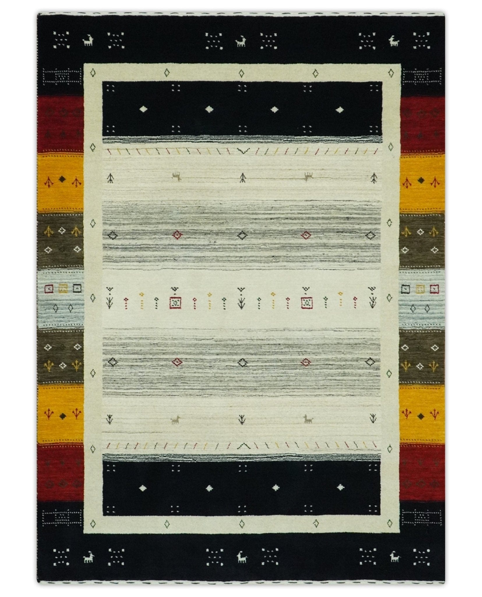 The Rug Decor Area Rug Custom Made Tribal Gabbeh Ivory, Black, Gold and Maroon Stripes design Traditional Wool Area Rug Custom Made Tribal Gabbeh Ivory, Black, Gold and Maroon Stripes design Traditional Wool Area Rug