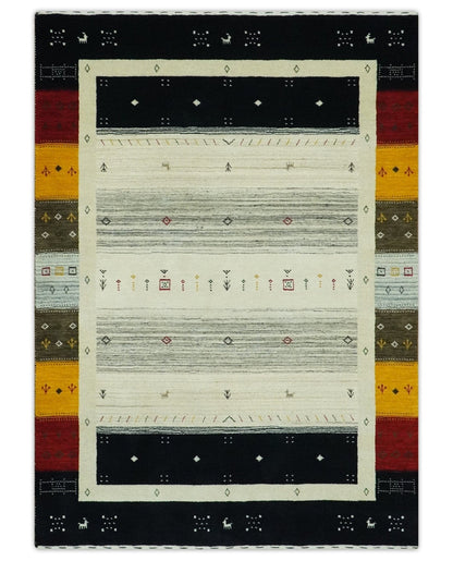 The Rug Decor Area Rug Custom Made Tribal Gabbeh Ivory, Black, Gold and Maroon Stripes design Traditional Wool Area Rug Custom Made Tribal Gabbeh Ivory, Black, Gold and Maroon Stripes design Traditional Wool Area Rug