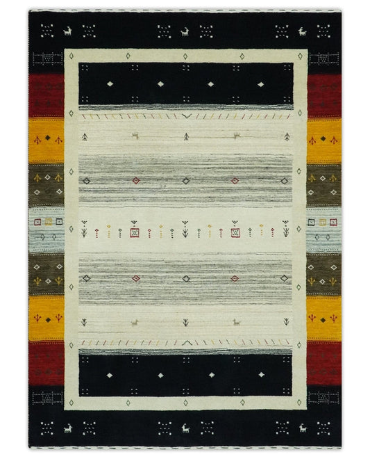 The Rug Decor Area Rug Custom Made Tribal Gabbeh Ivory, Black, Gold and Maroon Stripes design Traditional Wool Area Rug Custom Made Tribal Gabbeh Ivory, Black, Gold and Maroon Stripes design Traditional Wool Area Rug