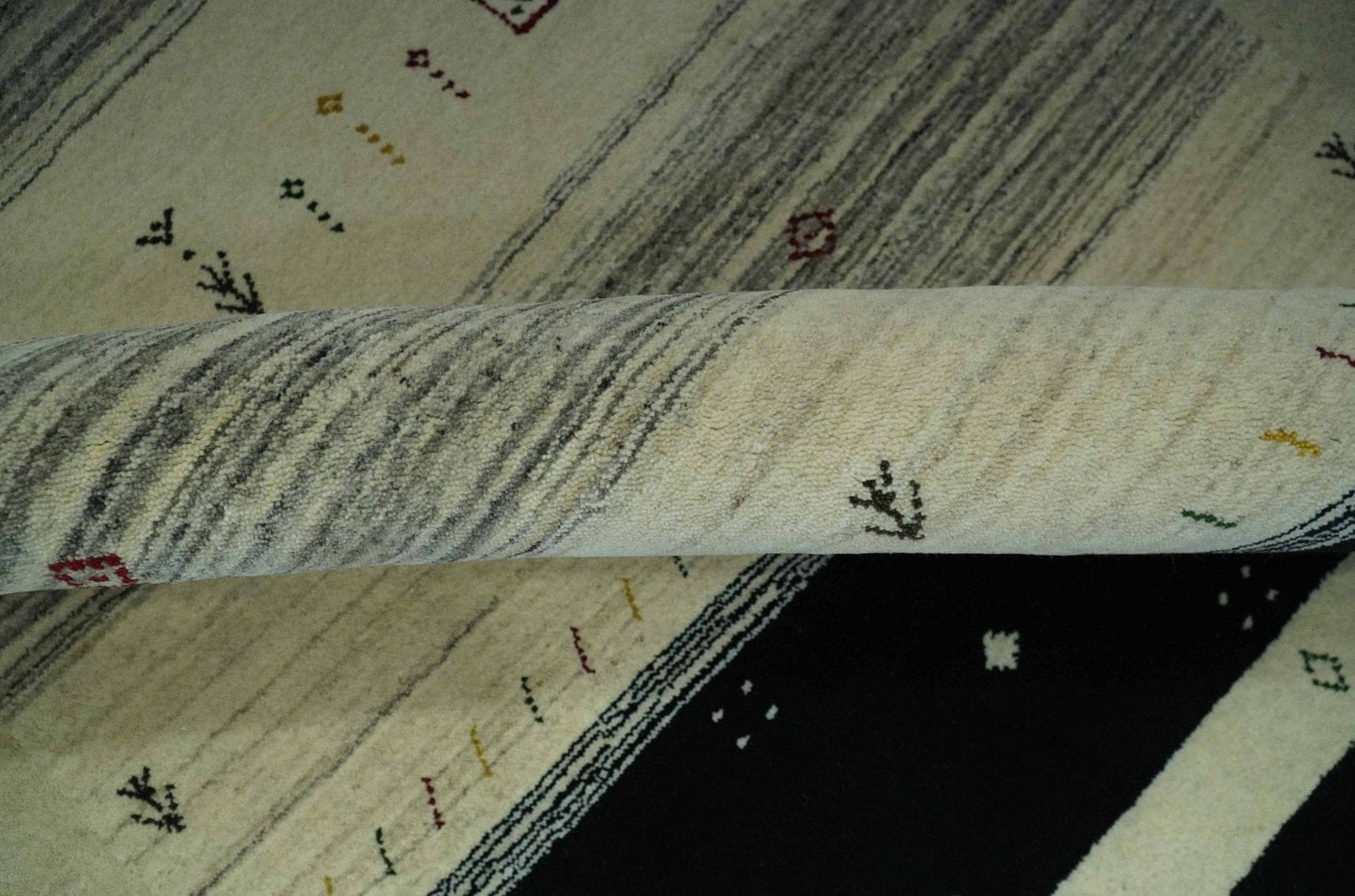 The Rug Decor Area Rug Custom Made Tribal Gabbeh Ivory, Black, Gold and Maroon Stripes design Traditional Wool Area Rug Custom Made Tribal Gabbeh Ivory, Black, Gold and Maroon Stripes design Traditional Wool Area Rug