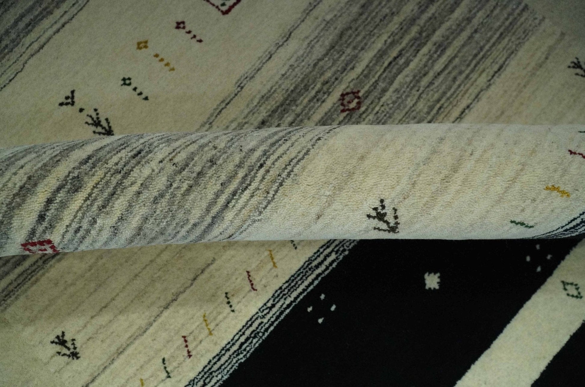 The Rug Decor Area Rug Custom Made Tribal Gabbeh Ivory, Black, Gold and Maroon Stripes design Traditional Wool Area Rug Custom Made Tribal Gabbeh Ivory, Black, Gold and Maroon Stripes design Traditional Wool Area Rug