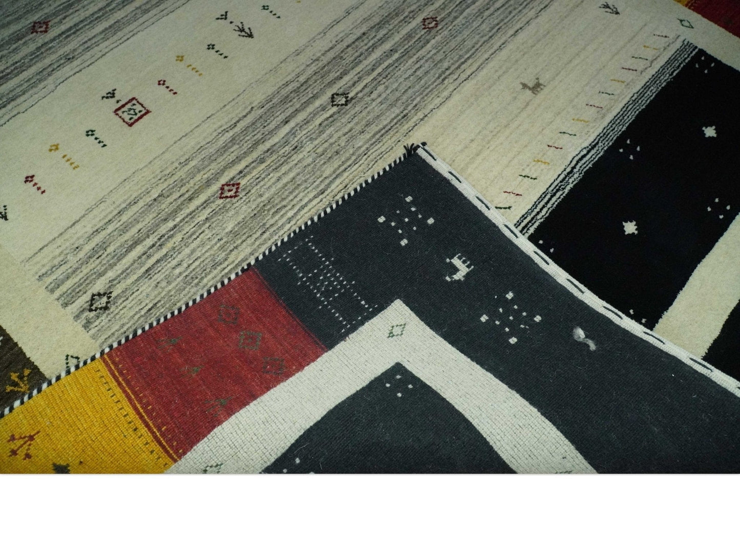 The Rug Decor Area Rug Custom Made Tribal Gabbeh Ivory, Black, Gold and Maroon Stripes design Traditional Wool Area Rug Custom Made Tribal Gabbeh Ivory, Black, Gold and Maroon Stripes design Traditional Wool Area Rug