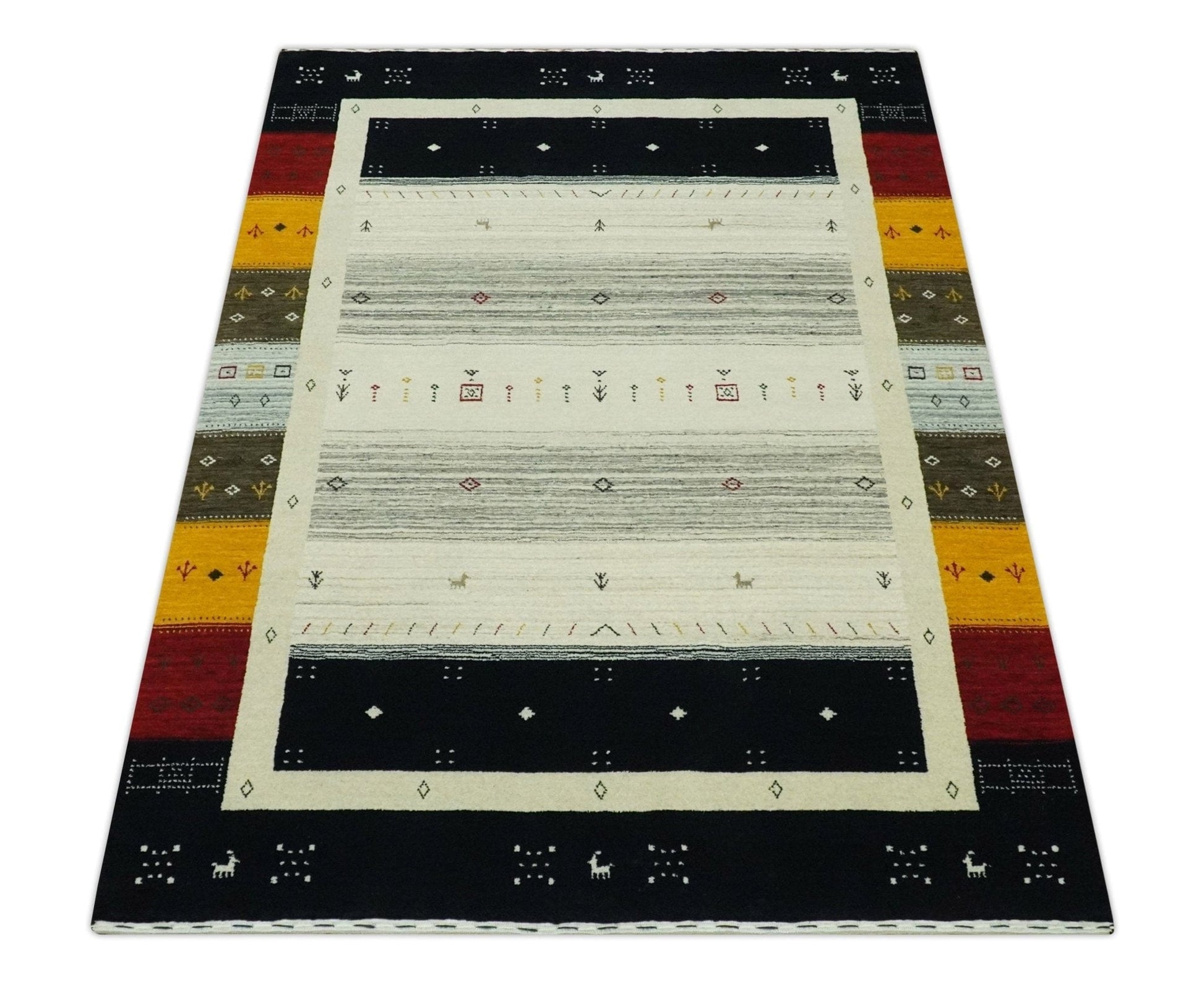 The Rug Decor Area Rug Custom Made Tribal Gabbeh Ivory, Black, Gold and Maroon Stripes design Traditional Wool Area Rug Custom Made Tribal Gabbeh Ivory, Black, Gold and Maroon Stripes design Traditional Wool Area Rug