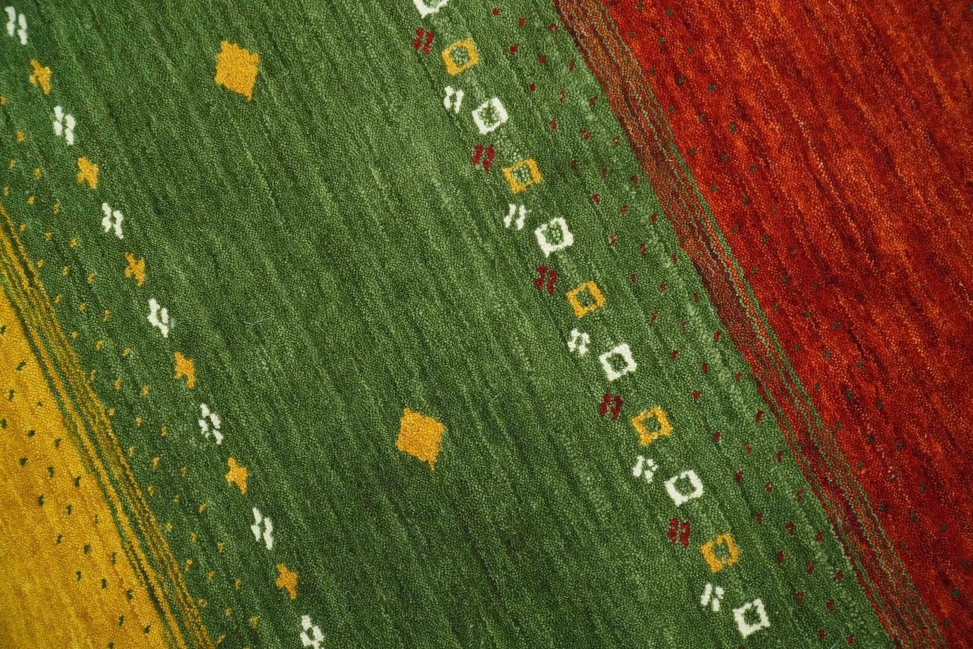 The Rug Decor Area Rug Custom Made Tribal Gabbeh Ivory, Gold, Green and Maroon Geometrical Stripes Design Wool area Rug Custom Made Tribal Gabbeh Ivory, Gold, Green and Maroon Geometrical Stripes Design Wool area Rug