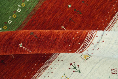 The Rug Decor Area Rug Custom Made Tribal Gabbeh Ivory, Gold, Green and Maroon Geometrical Stripes Design Wool area Rug Custom Made Tribal Gabbeh Ivory, Gold, Green and Maroon Geometrical Stripes Design Wool area Rug