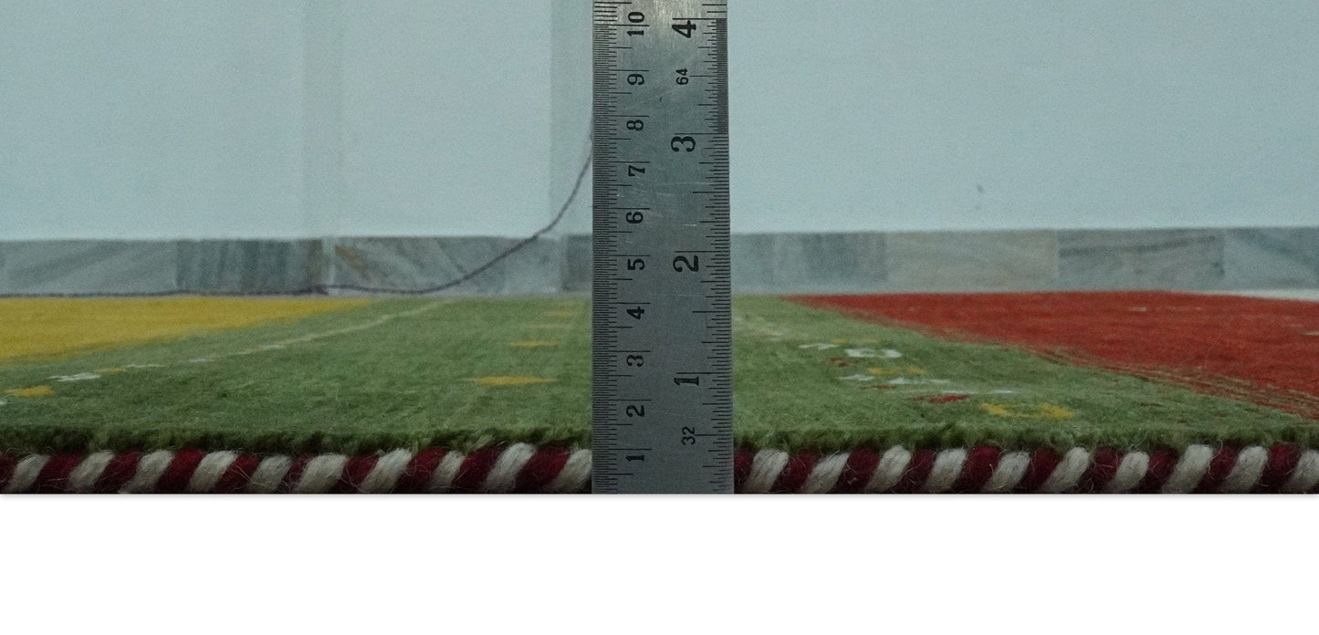 The Rug Decor Area Rug Custom Made Tribal Gabbeh Ivory, Gold, Green and Maroon Geometrical Stripes Design Wool area Rug Custom Made Tribal Gabbeh Ivory, Gold, Green and Maroon Geometrical Stripes Design Wool area Rug