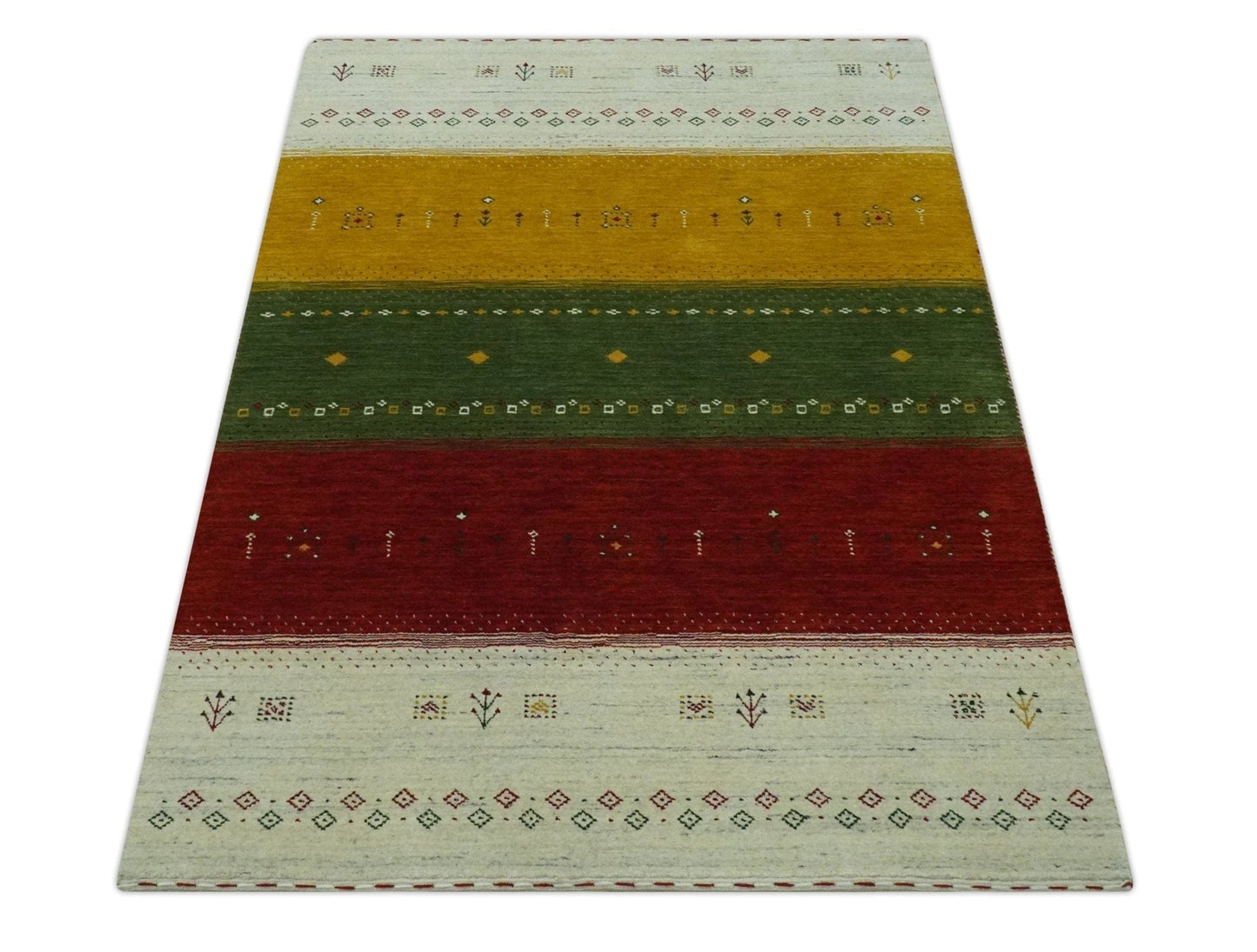 The Rug Decor Area Rug Custom Made Tribal Gabbeh Ivory, Gold, Green and Maroon Geometrical Stripes Design Wool area Rug Custom Made Tribal Gabbeh Ivory, Gold, Green and Maroon Geometrical Stripes Design Wool area Rug