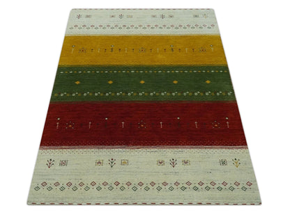 The Rug Decor Area Rug Custom Made Tribal Gabbeh Ivory, Gold, Green and Maroon Geometrical Stripes Design Wool area Rug Custom Made Tribal Gabbeh Ivory, Gold, Green and Maroon Geometrical Stripes Design Wool area Rug