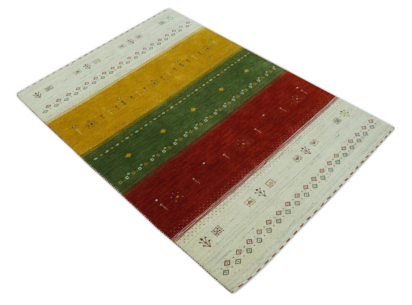 The Rug Decor Area Rug Custom Made Tribal Gabbeh Ivory, Gold, Green and Maroon Geometrical Stripes Design Wool area Rug Custom Made Tribal Gabbeh Ivory, Gold, Green and Maroon Geometrical Stripes Design Wool area Rug