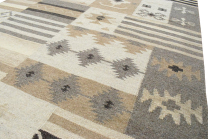 The Rug Decor Area Rug Dhurrie Rug, Beige Brown Tribal Pattern Rug Dhurrie Rug, Beige Brown Tribal Pattern Rug