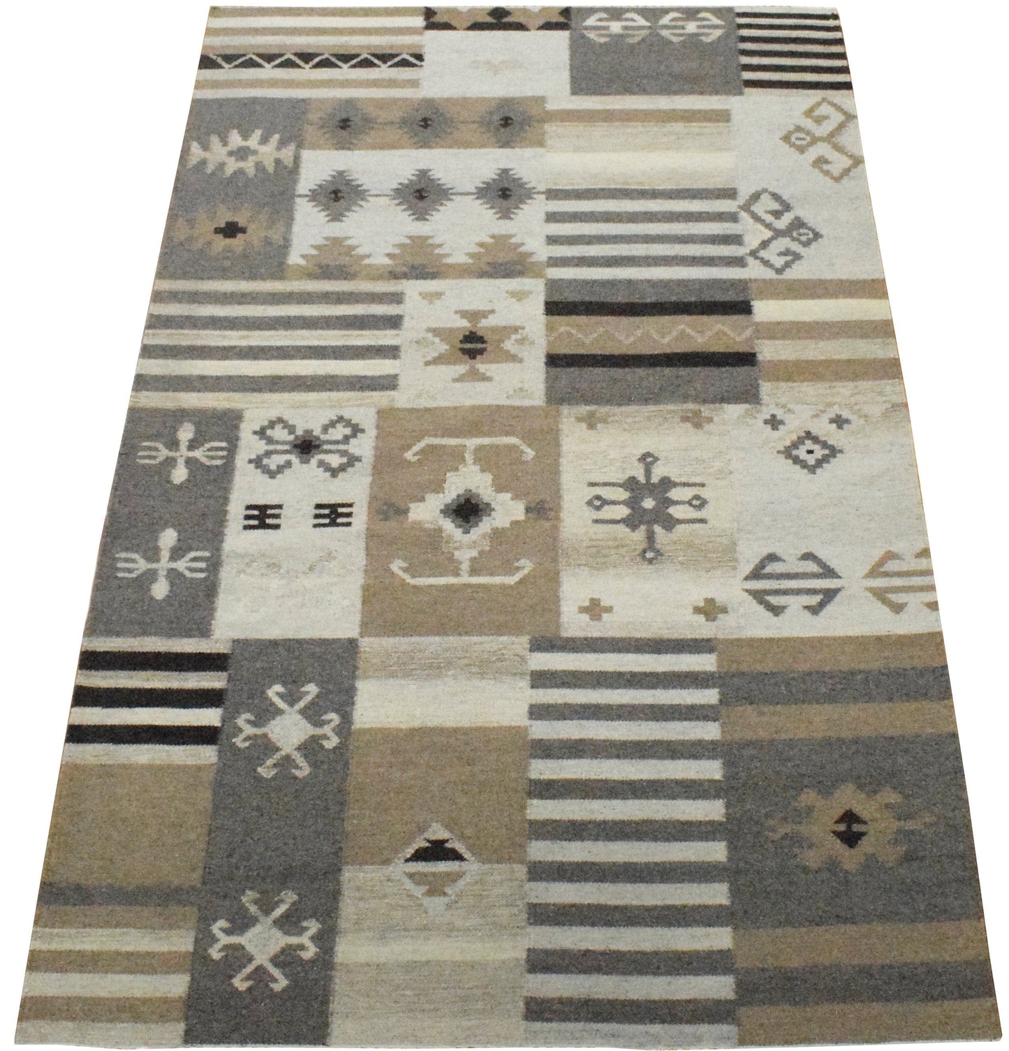 The Rug Decor Area Rug Dhurrie Rug, Beige Brown Tribal Pattern Rug Dhurrie Rug, Beige Brown Tribal Pattern Rug