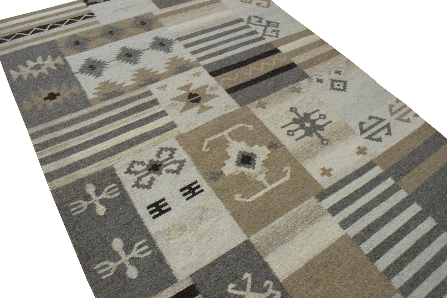 The Rug Decor Area Rug Dhurrie Rug, Beige Brown Tribal Pattern Rug Dhurrie Rug, Beige Brown Tribal Pattern Rug