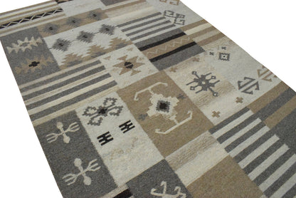 The Rug Decor Area Rug Dhurrie Rug, Beige Brown Tribal Pattern Rug Dhurrie Rug, Beige Brown Tribal Pattern Rug