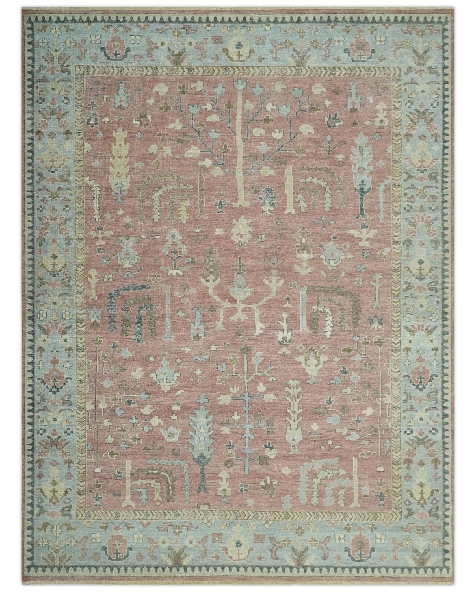 The Rug Decor Area Rug 9x12 Distress Finished Tree of Life Hand Knotted Rust and Silver Custom Made Wool Rug Distress Finished Tree of Life Hand Knotted Rust and Silver Custom Made Wool Rug