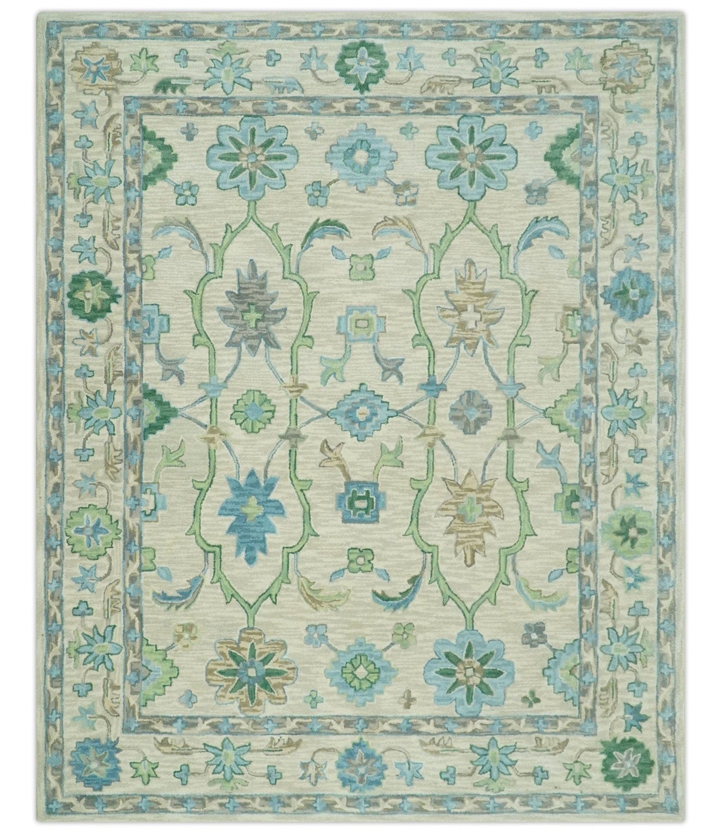 The Rug Decor Area Rug 8x10 Floral Beige, Gray, Blue and Green Oriental Oushak Hand Tufted Custom Made wool Area rug Floral Beige, Gray, Blue and Green Oriental Oushak Hand Tufted Custom Made wool Area rug