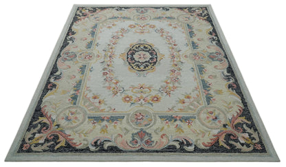 The Rug Decor Area Rug French Design Aubusson Custom Made Ivory, Light Green and Charcoal Hand Tufted wool Area Rug French Design Aubusson Custom Made Ivory, Light Green and Charcoal Hand Tufted wool Area Rug