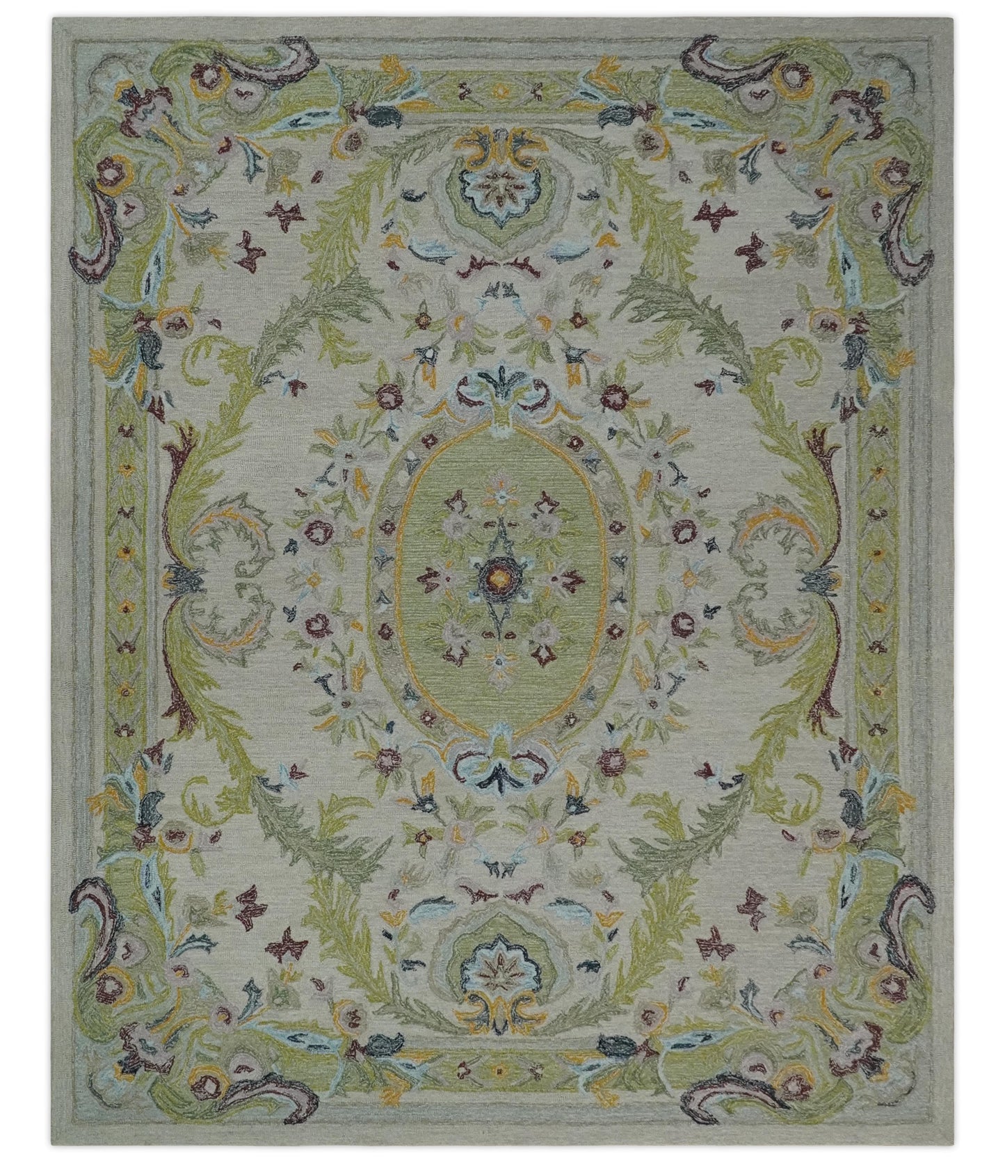 The Rug Decor Area Rug 8x10 Ivory and Green Custom Made French Design Aubusson Hand Tufted Wool Area Rug Ivory and Green Custom Made French Design Aubusson Hand Tufted Wool Area Rug