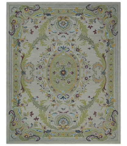 The Rug Decor Area Rug 8x10 Ivory and Green Custom Made French Design Aubusson Hand Tufted Wool Area Rug Ivory and Green Custom Made French Design Aubusson Hand Tufted Wool Area Rug