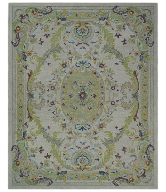 The Rug Decor Area Rug 8x10 Ivory and Green Custom Made French Design Aubusson Hand Tufted Wool Area Rug Ivory and Green Custom Made French Design Aubusson Hand Tufted Wool Area Rug