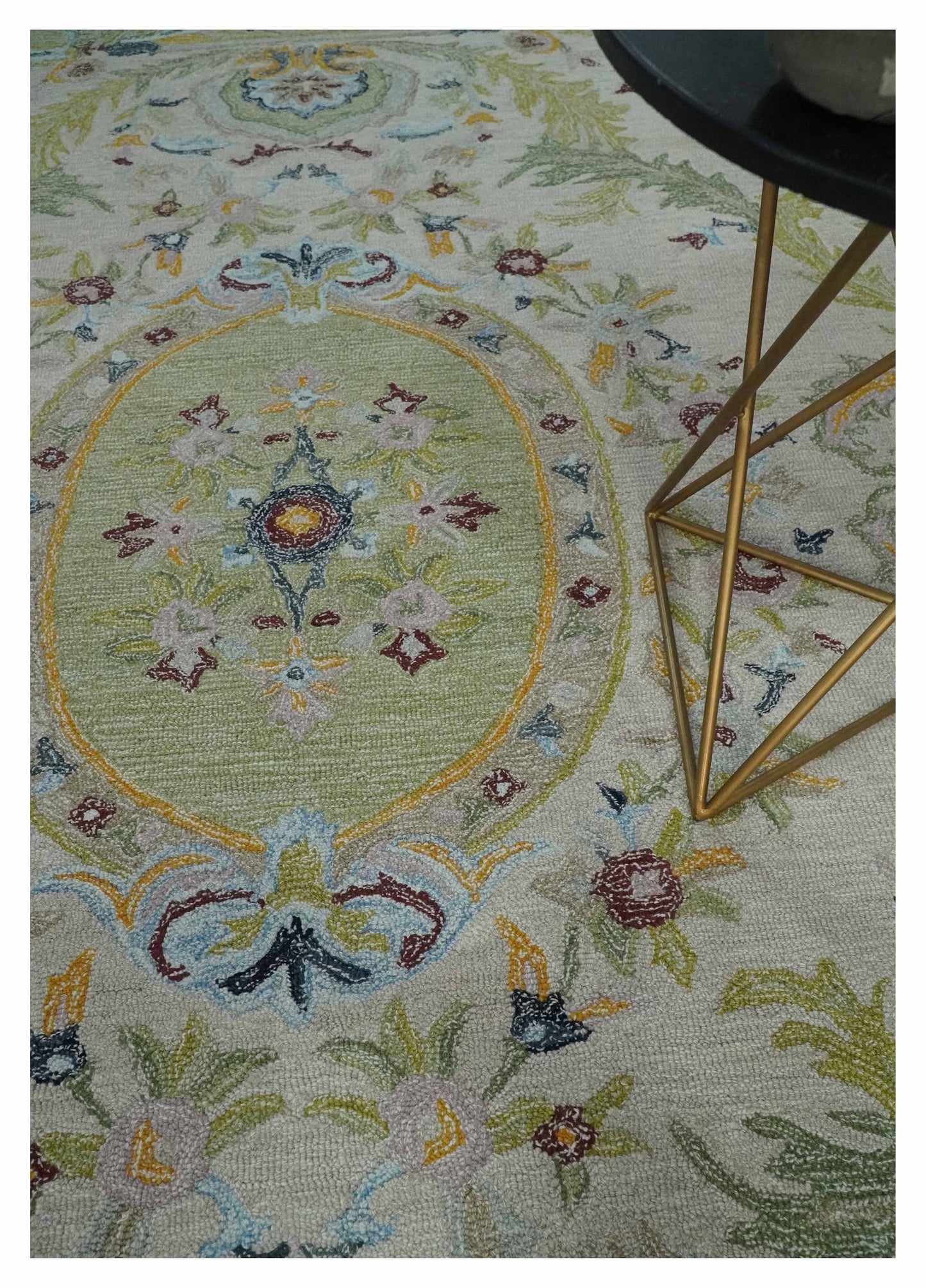 The Rug Decor Area Rug Ivory and Green Custom Made French Design Aubusson Hand Tufted Wool Area Rug Ivory and Green Custom Made French Design Aubusson Hand Tufted Wool Area Rug