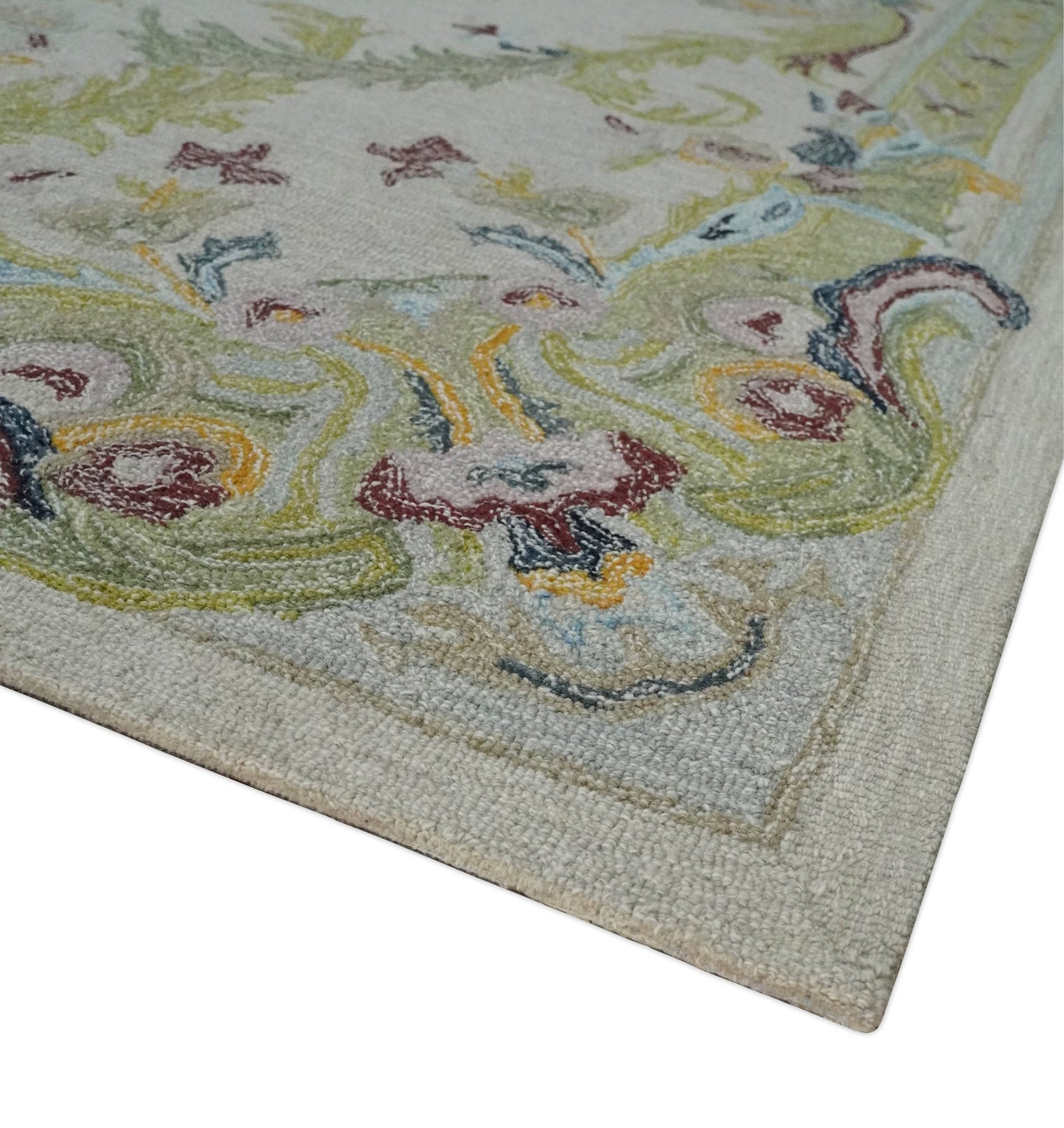 The Rug Decor Area Rug Ivory and Green Custom Made French Design Aubusson Hand Tufted Wool Area Rug Ivory and Green Custom Made French Design Aubusson Hand Tufted Wool Area Rug