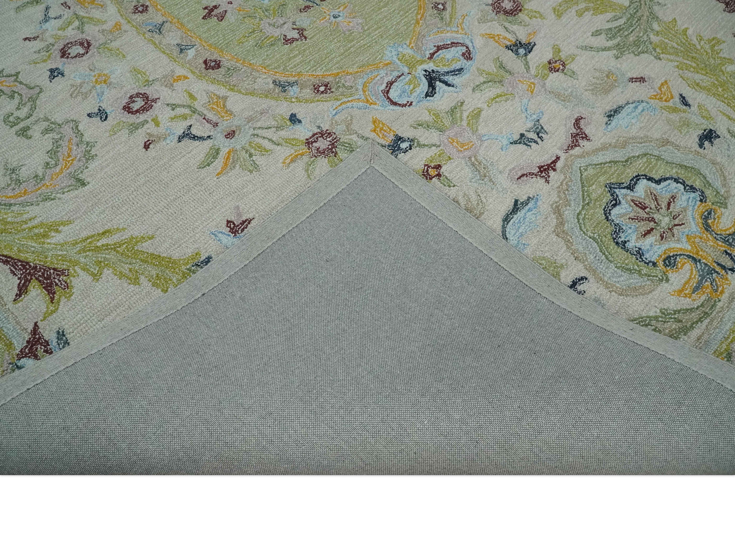The Rug Decor Area Rug Ivory and Green Custom Made French Design Aubusson Hand Tufted Wool Area Rug Ivory and Green Custom Made French Design Aubusson Hand Tufted Wool Area Rug