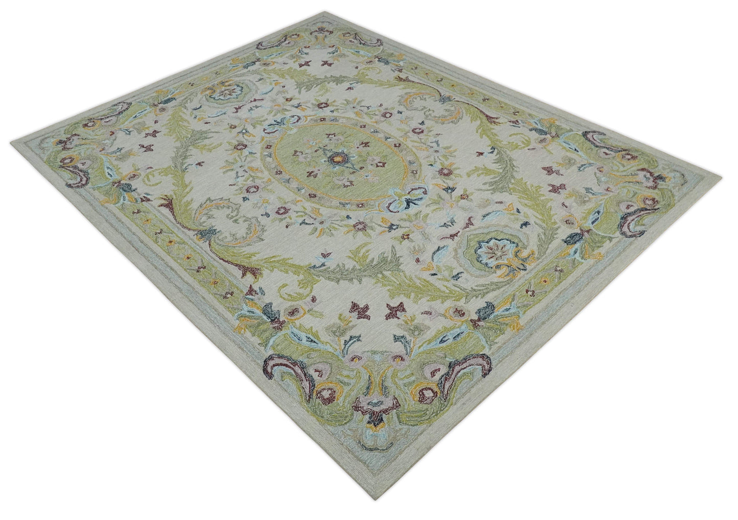 The Rug Decor Area Rug Ivory and Green Custom Made French Design Aubusson Hand Tufted Wool Area Rug Ivory and Green Custom Made French Design Aubusson Hand Tufted Wool Area Rug
