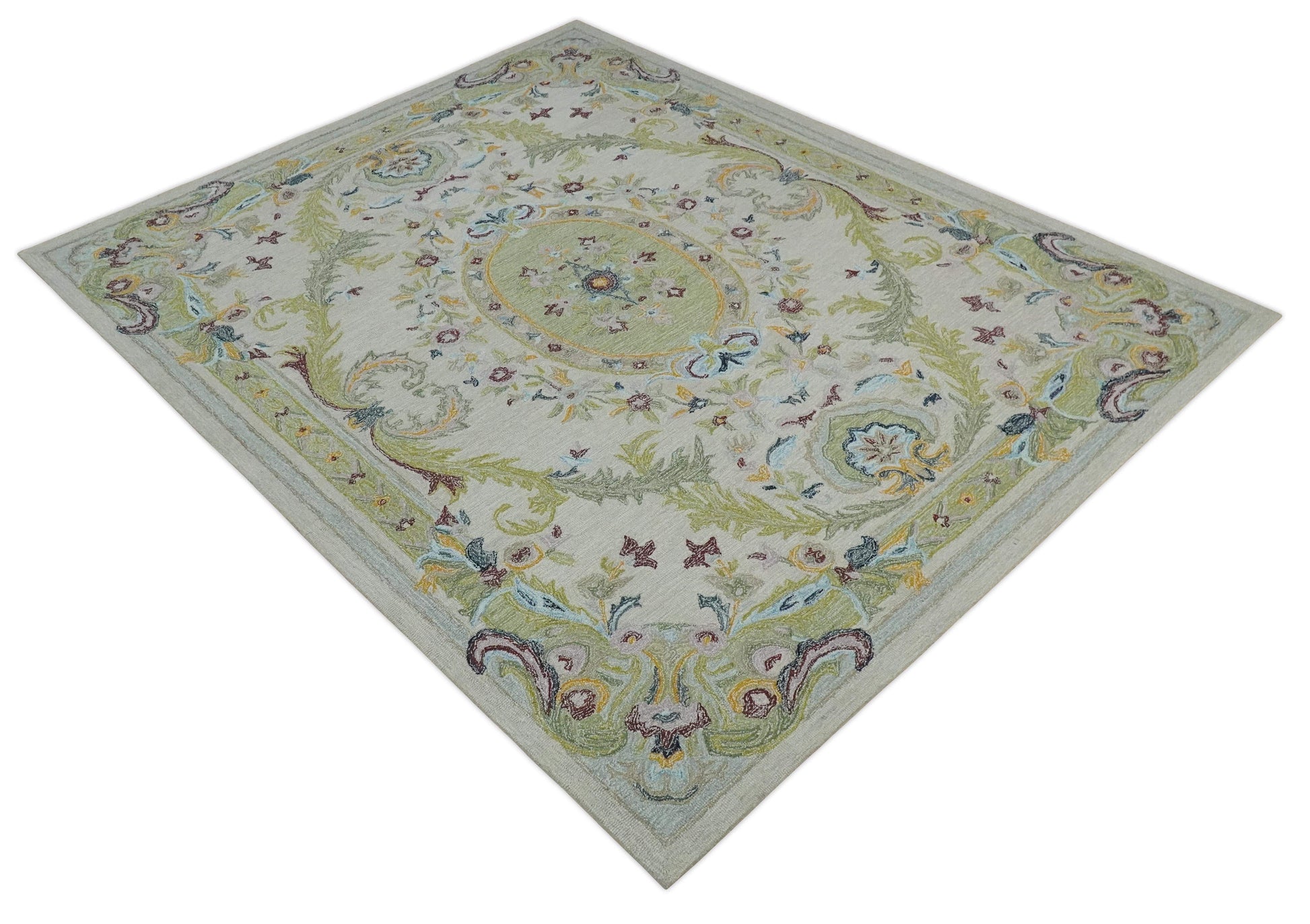 The Rug Decor Area Rug Ivory and Green Custom Made French Design Aubusson Hand Tufted Wool Area Rug Ivory and Green Custom Made French Design Aubusson Hand Tufted Wool Area Rug