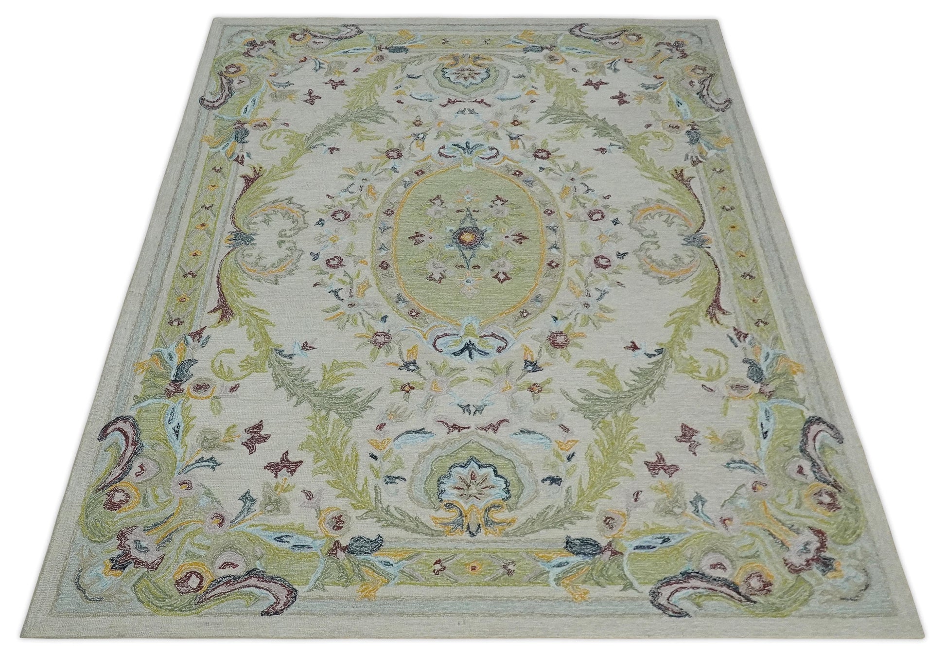 The Rug Decor Area Rug Ivory and Green Custom Made French Design Aubusson Hand Tufted Wool Area Rug Ivory and Green Custom Made French Design Aubusson Hand Tufted Wool Area Rug