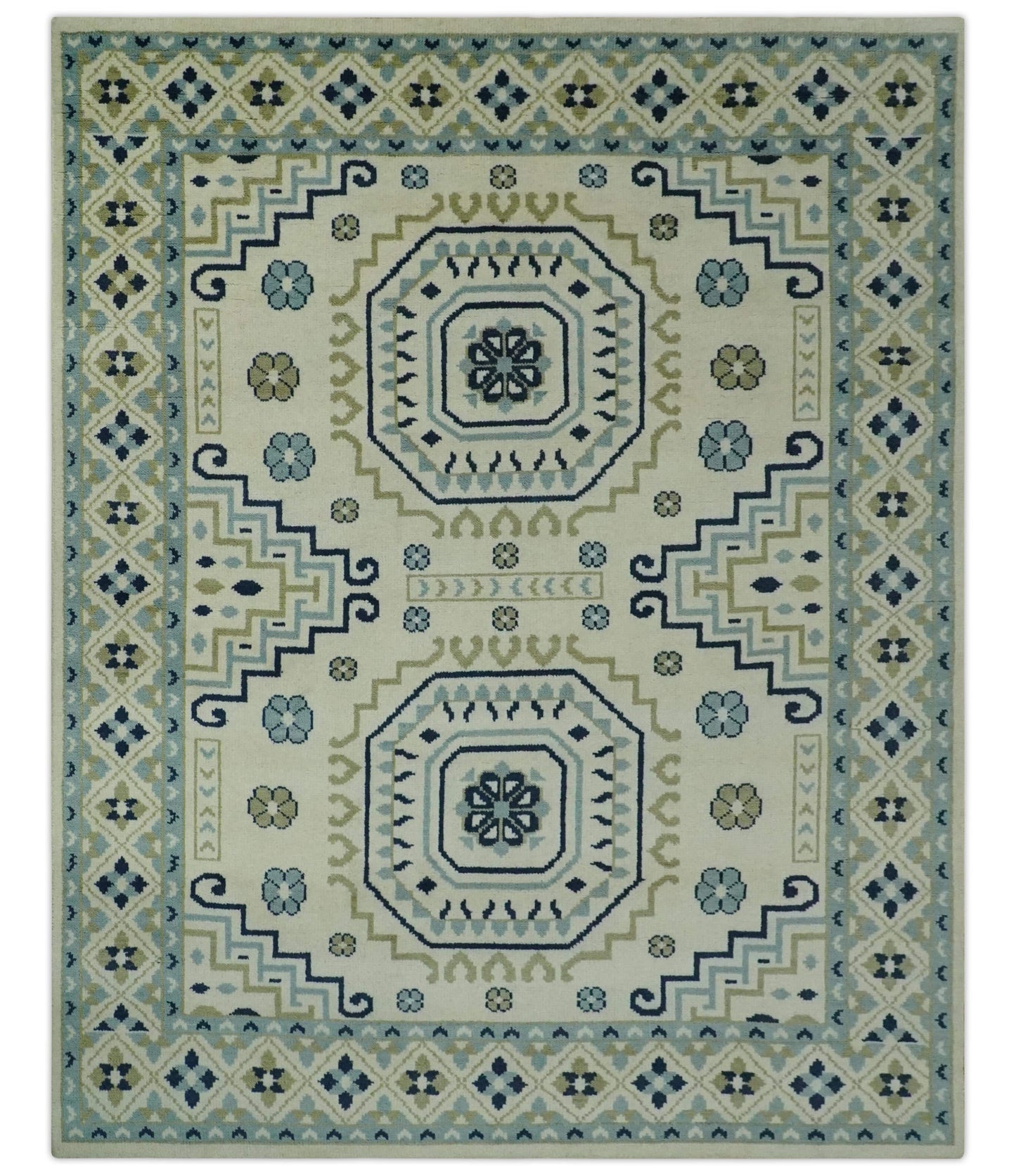 The Rug Decor Area Rug 8x10 Ivory, Blue and Olive Traditional Mamluk design Custom Made wool area Rug Ivory, Blue and Olive Traditional Mamluk design Custom Made wool area Rug