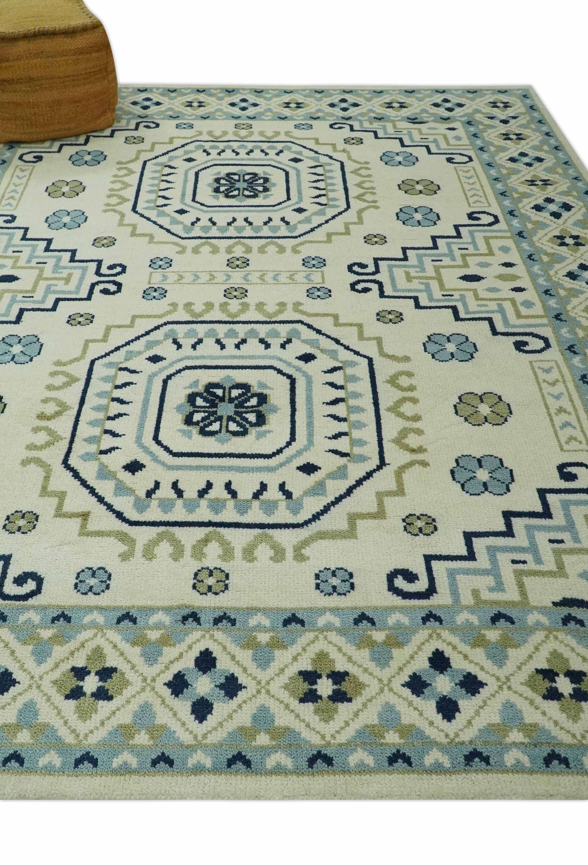 The Rug Decor Area Rug Ivory, Blue and Olive Traditional Mamluk design Custom Made wool area Rug Ivory, Blue and Olive Traditional Mamluk design Custom Made wool area Rug