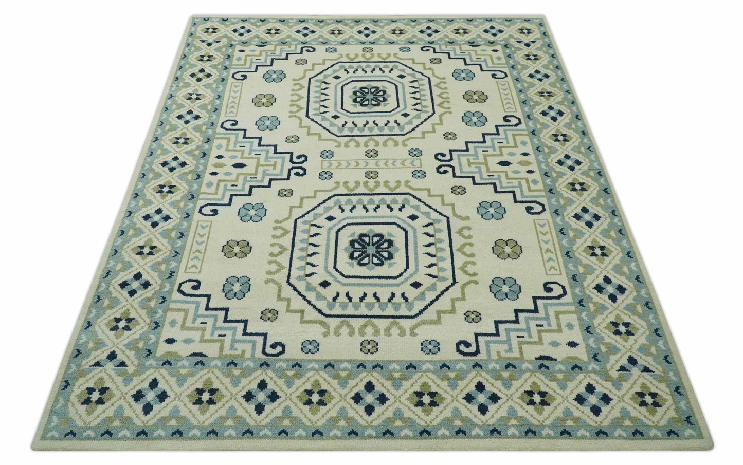 The Rug Decor Area Rug Ivory, Blue and Olive Traditional Mamluk design Custom Made wool area Rug Ivory, Blue and Olive Traditional Mamluk design Custom Made wool area Rug