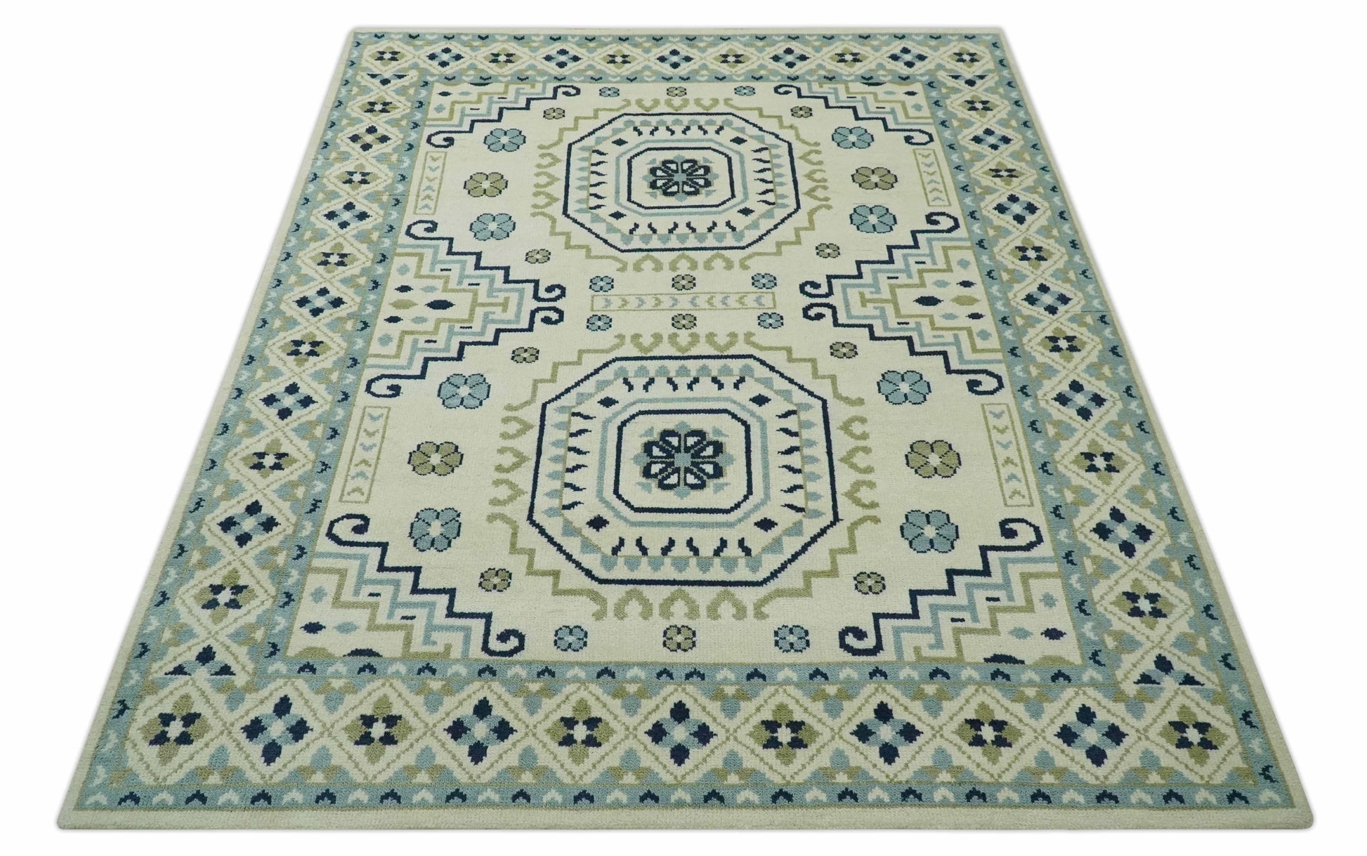 The Rug Decor Area Rug Ivory, Blue and Olive Traditional Mamluk design Custom Made wool area Rug Ivory, Blue and Olive Traditional Mamluk design Custom Made wool area Rug