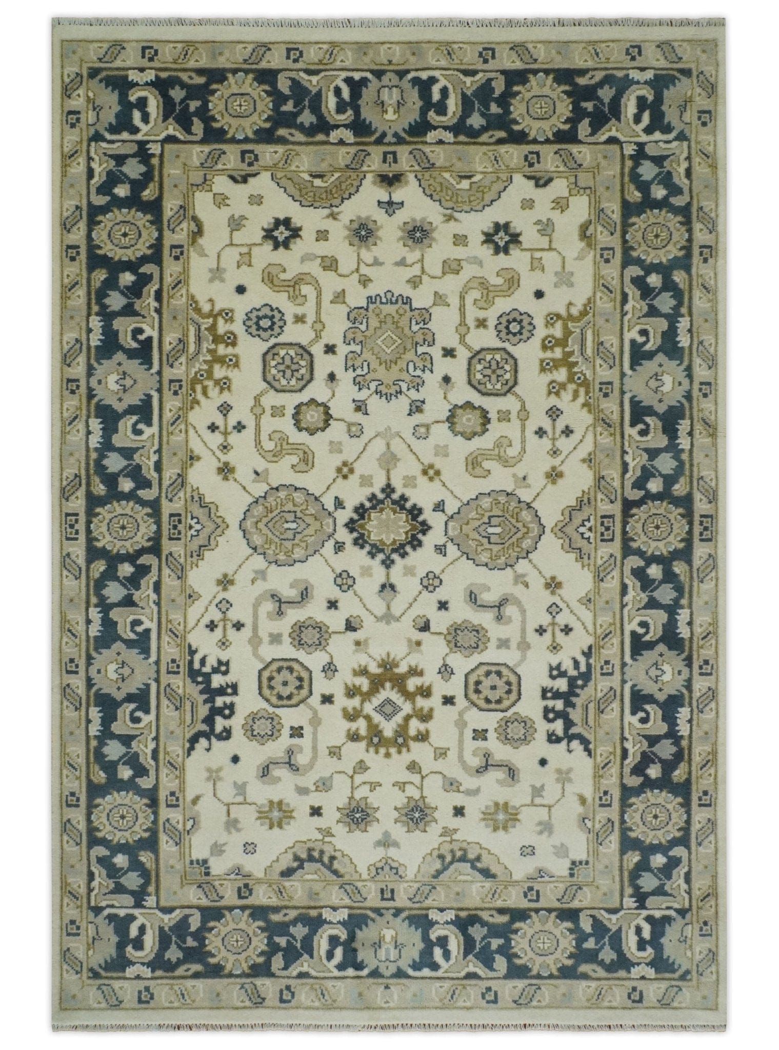 The Rug Decor Area Rug 6x9 Ivory, Olive and Blue Hand Knotted Traditional Oriental Oushak Custom Made wool rug Ivory, Olive and Blue Hand Knotted Traditional Oriental Oushak Custom Made wool rug