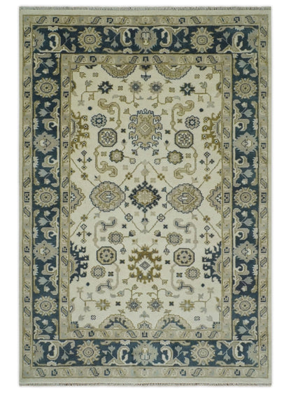The Rug Decor Area Rug 6x9 Ivory, Olive and Blue Hand Knotted Traditional Oriental Oushak Custom Made wool rug Ivory, Olive and Blue Hand Knotted Traditional Oriental Oushak Custom Made wool rug