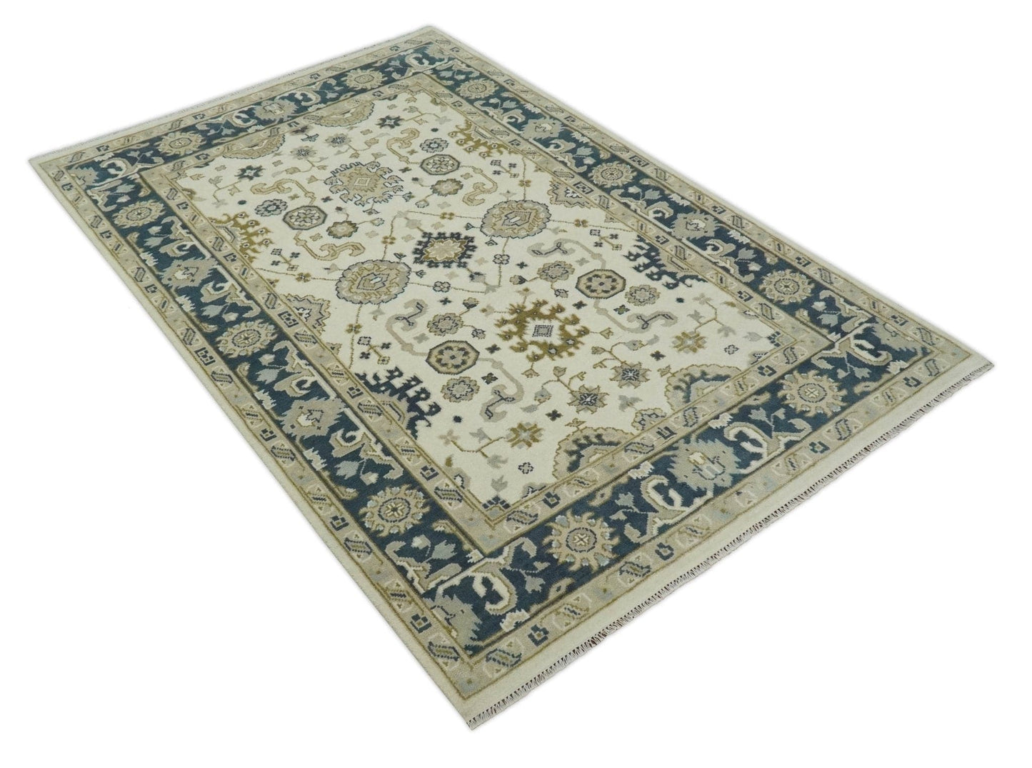 The Rug Decor Area Rug Ivory, Olive and Blue Hand Knotted Traditional Oriental Oushak Custom Made wool rug Ivory, Olive and Blue Hand Knotted Traditional Oriental Oushak Custom Made wool rug